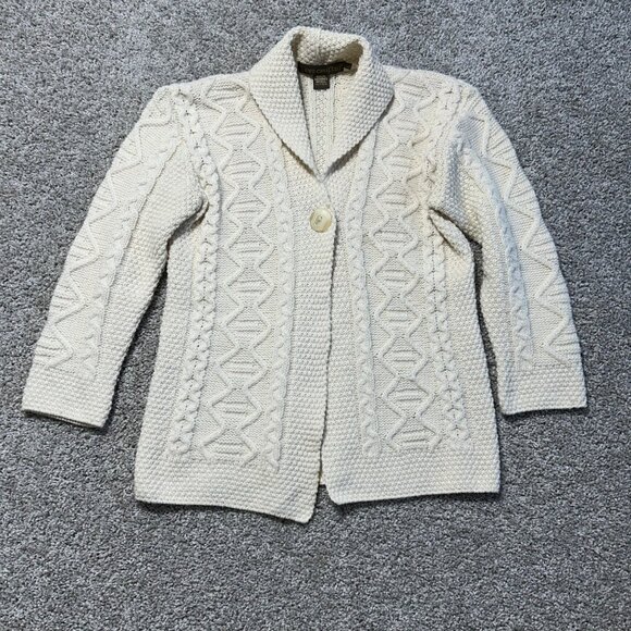 Inis Crafts Aran Knit Cardigan Sweater 100% Merino Wool One Button Closure - Picture 2 of 9